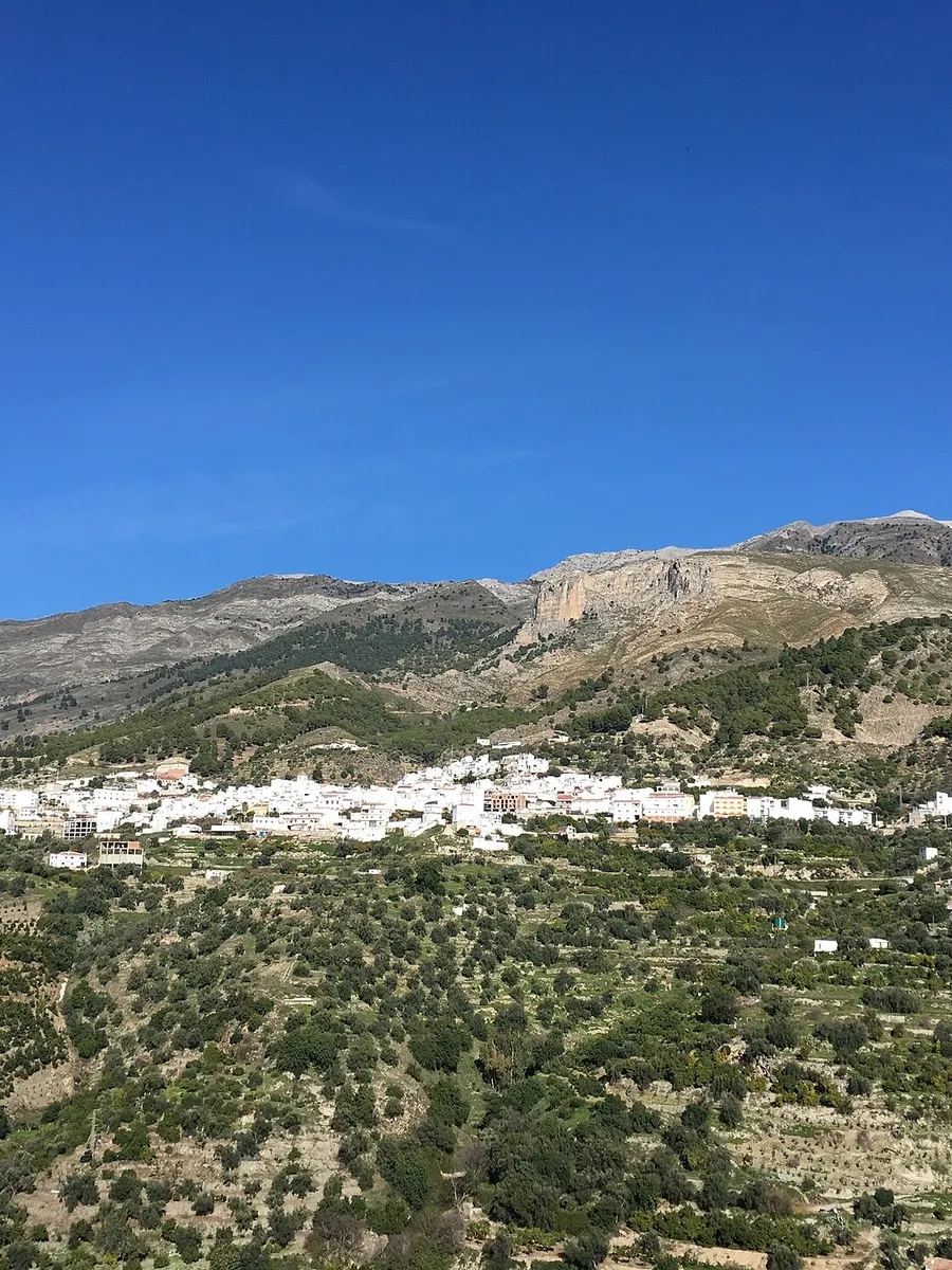 Het witte dorp Canillas de Aceituno tegen de bergen van de Axarquía, Málaga
